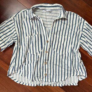 Zara Linen Blend Stripped Button Down Cropped Top with collar Size Small